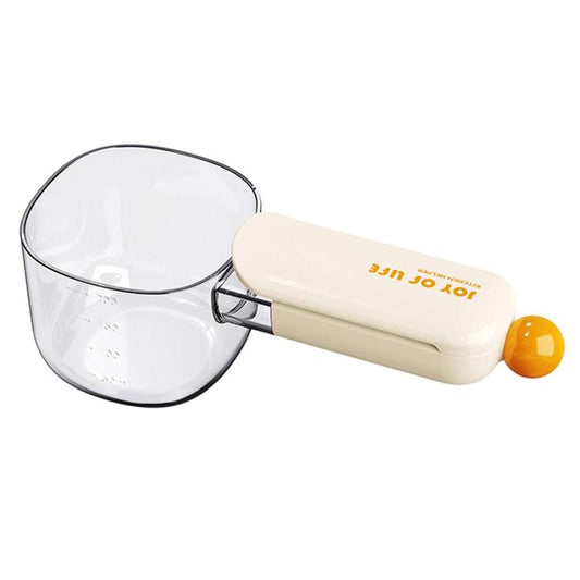 Large rice measuring scoop with sealing clip, beige handle and orange knob