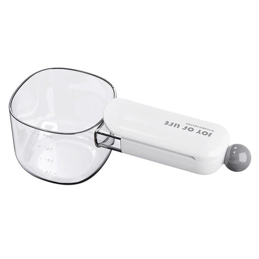 Large rice measuring scoop with sealing clip, white handle and gray knob