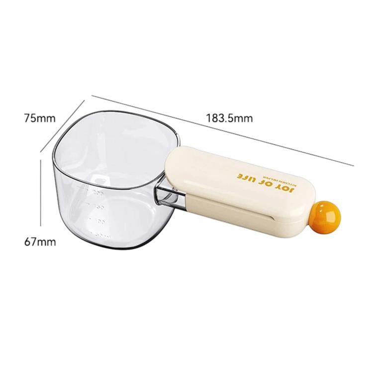 Large rice measuring scoop with sealing clip, cream handle with size dimensions