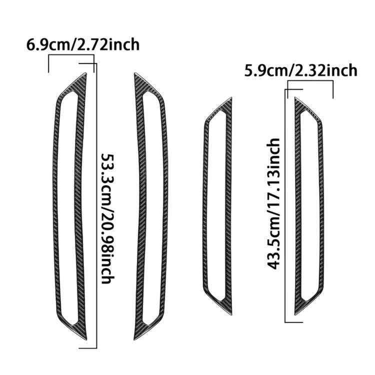 Door sill decorative sticker dimensions diagram, four long carbon-weave pieces with measurements.