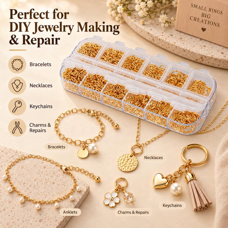 Gold open jump rings kit with mixed-size rings in clear compartment organizer box for DIY jewelry