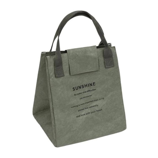 Army green insulated lunch tote bag with top carry handles and front pocket