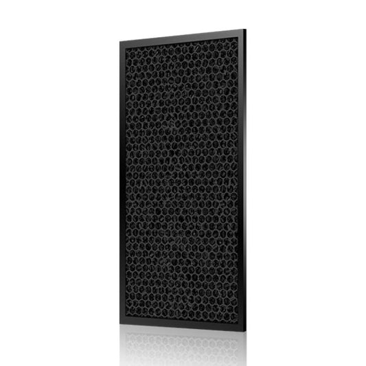 Activated carbon filter panel with dark honeycomb texture in a black frame