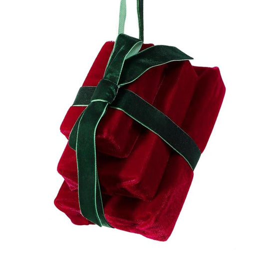 Velvet gift box hanging ornament in wine red with dark green bow and ribbon trim.