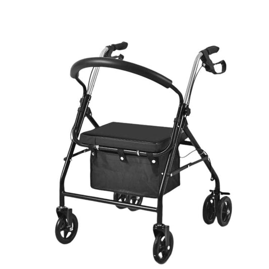Black folding rollator walker with seat pad and fabric shopping bag, 6 wheels