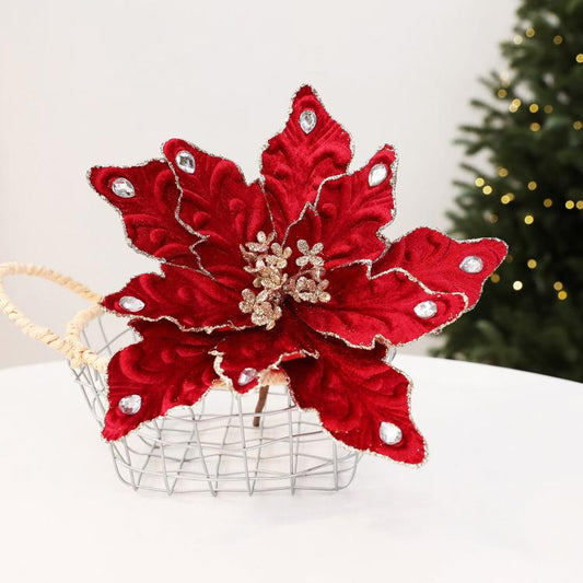 Wine red velvet poinsettia ornament with rhinestone accents and dangling loop