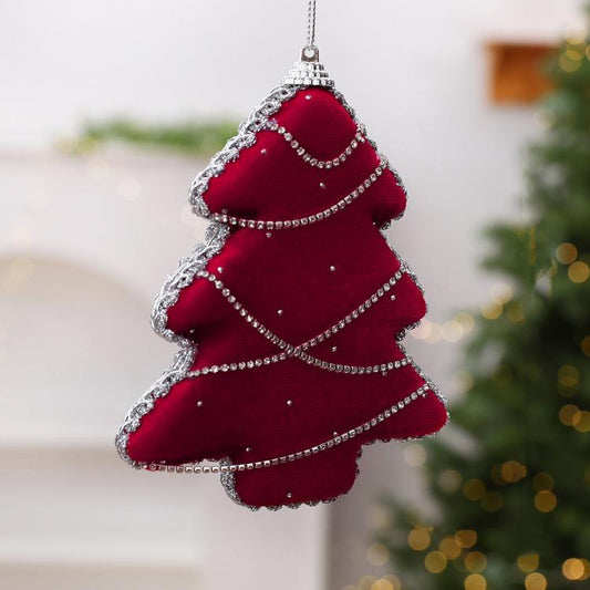 Red velvet foam Christmas tree ornament with silver rhinestone trim and hanging loop