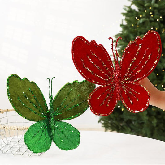 Velvet butterfly ornament set: one red and one dark green, with beaded glitter