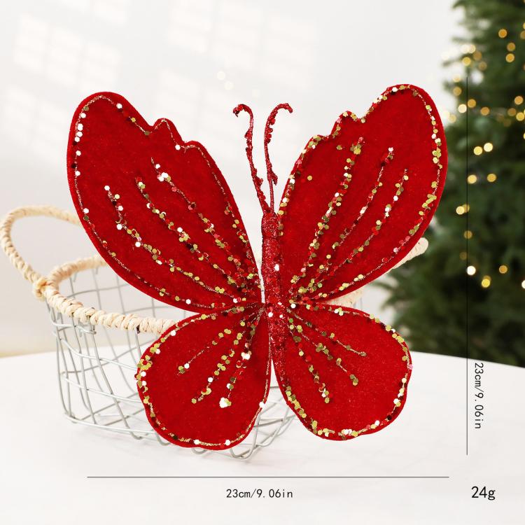 Red velvet butterfly Christmas tree ornament with hanging string and beaded glitter