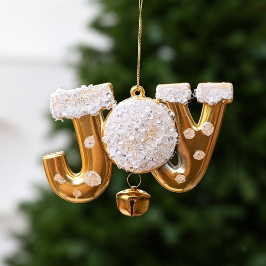 Gold and white glitter letter J Christmas ornament with hanging gold bell