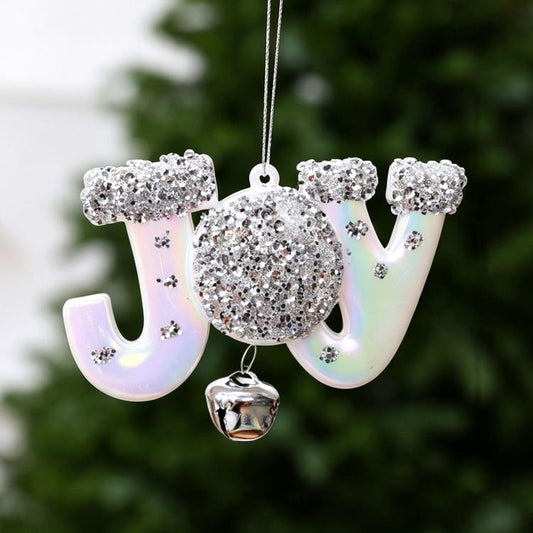 White and silver glitter letter J Christmas ornament with hanging bell charm