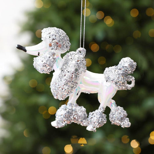 Silver sequined poodle hanging Christmas ornament with loop for hanging