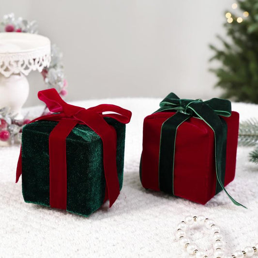 Set of two velvet gift box ornaments: red-and-green plush boxes with ribbon bows