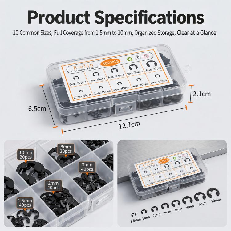 E-clip retaining ring kit in clear case with black clips organized by size compartments