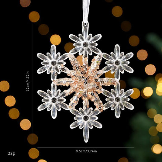 Hanging sequin snowflake ornament with scalloped clear petals and beaded center