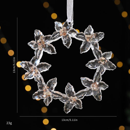 Hanging sequin five-petal garland wreath ornament with beaded flower centers