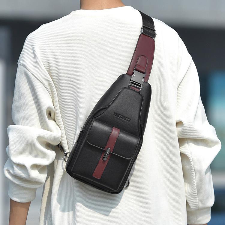 Men’s black PU sling bag with red stripe, worn crossbody with front flap