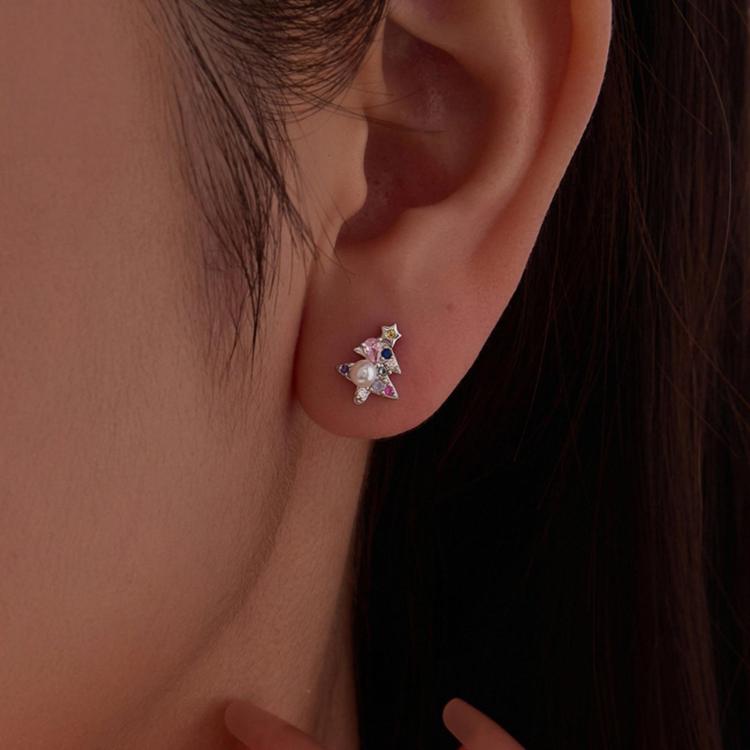 Sterling silver Christmas tree stud earring on ear with pearl and multicolor gems