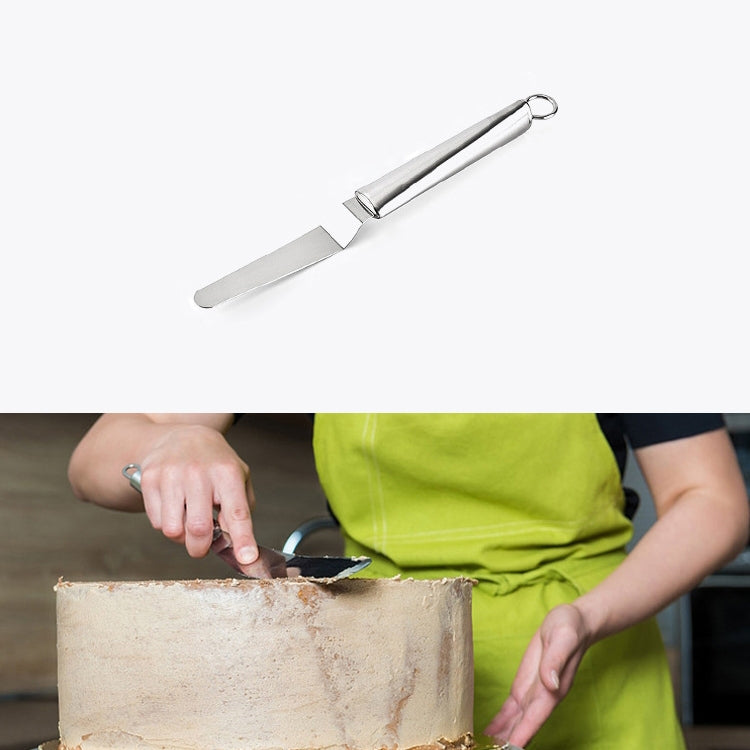 Stainless steel curved cake scraper spatula with ring handle, angled flat blade