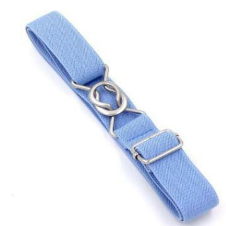 Kids braided elastic belt with metal clasp and buckle, light blue fabric strap