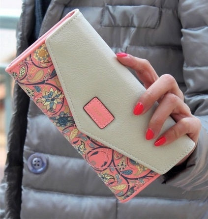 Long Leather Floral Pattern Wallets Coin Purses Money Bag for Women