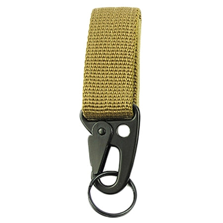 Khaki nylon webbing carabiner backpack hook with metal clasp and key ring