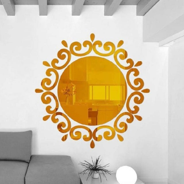 Gold circular mirror wall sticker with ornate flower-vine scroll border