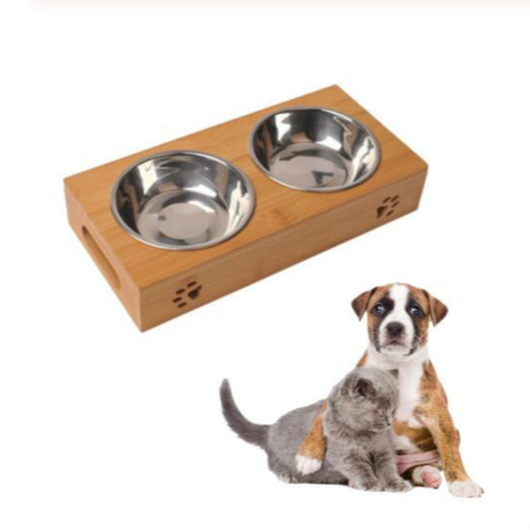 Bamboo raised stand with two stainless steel bowls for pets
