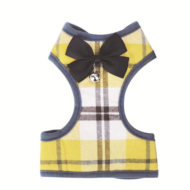 Yellow plaid pet harness vest with large black bow and round bell