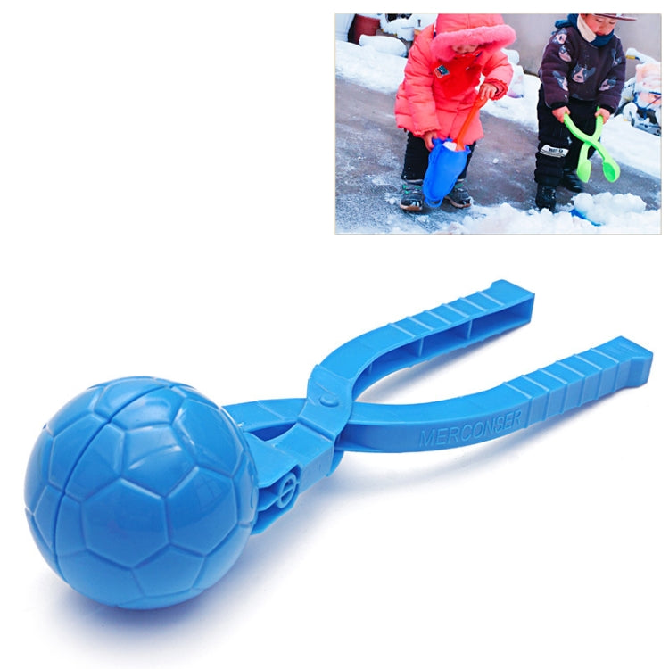 Blue sand mold snowball maker shaped like a soccer ball with long handle