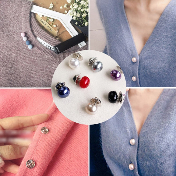 Set of faux-pearl collar pins on a card, shown on buttoned cardigan collars