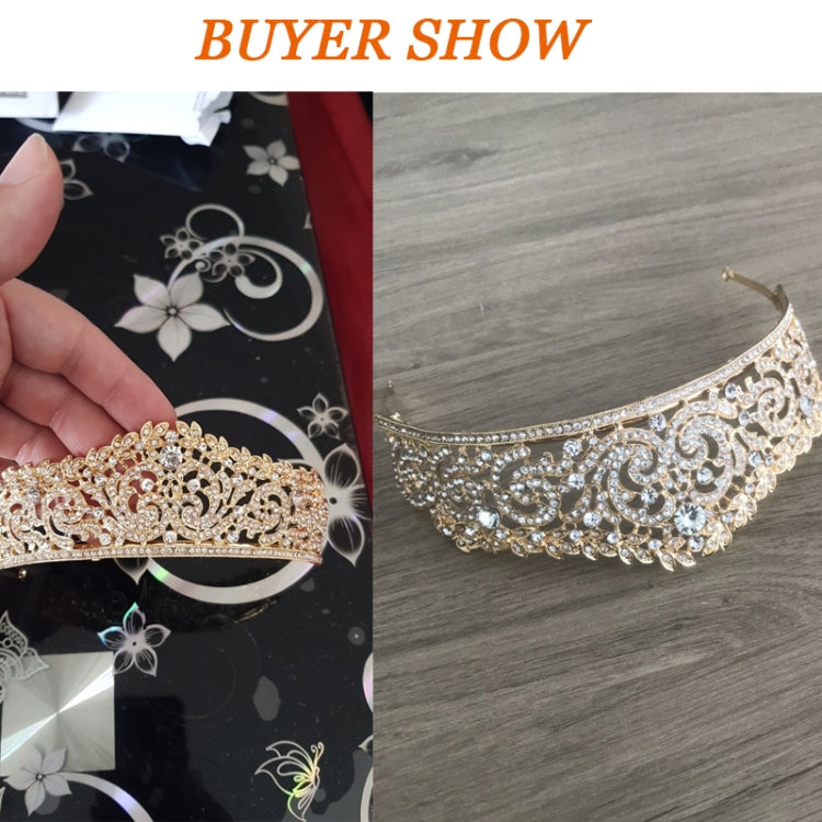 Gold-tone crystal tiara headband with filigree center and dangling side bands