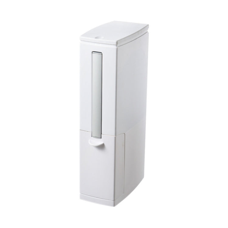 Square bathroom toilet brush holder bin with open lid and integrated brush, white