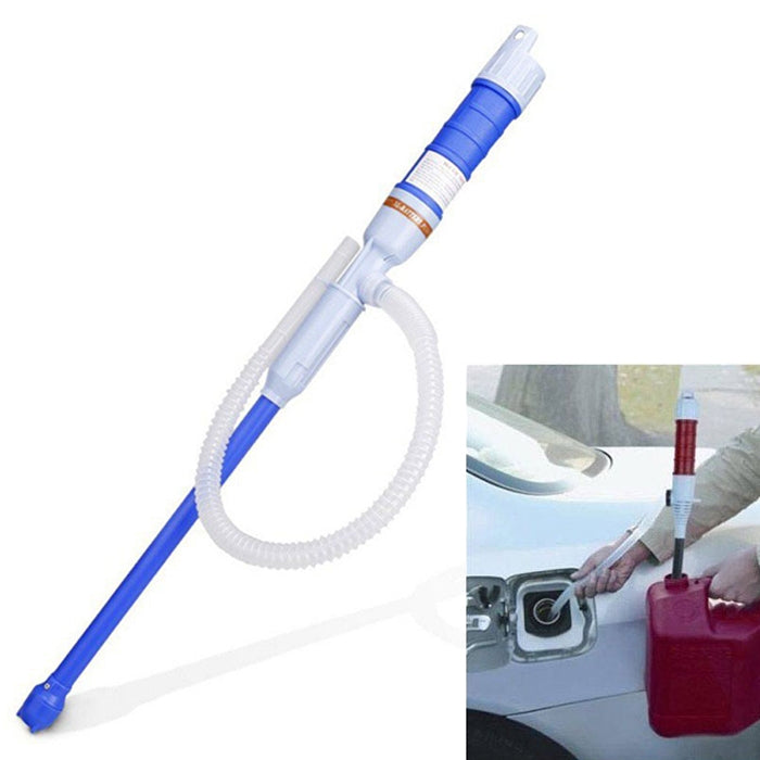 Blue handheld battery fuel transfer pump tool with suction hose and nozzle