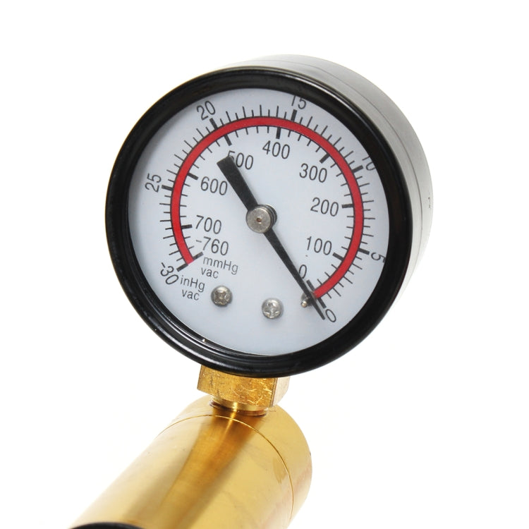 Vacuum gauge with red and blue scale and brass connector for brake fluid bleeder