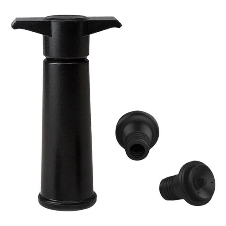 Black vacuum wine pump with silicone stoppers, valve end and cap detail