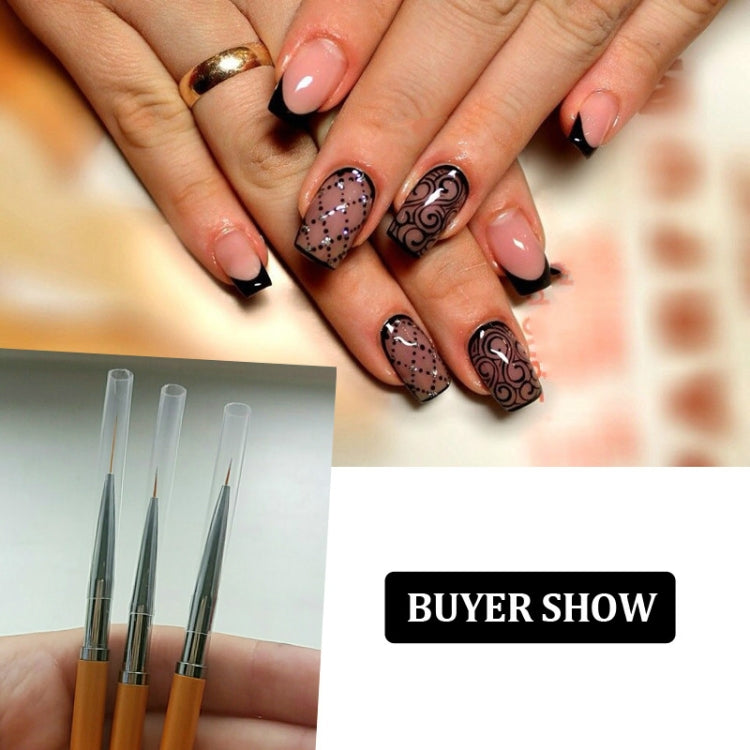 Manicure with nail art designs and three line painting pens with orange handles (inset)