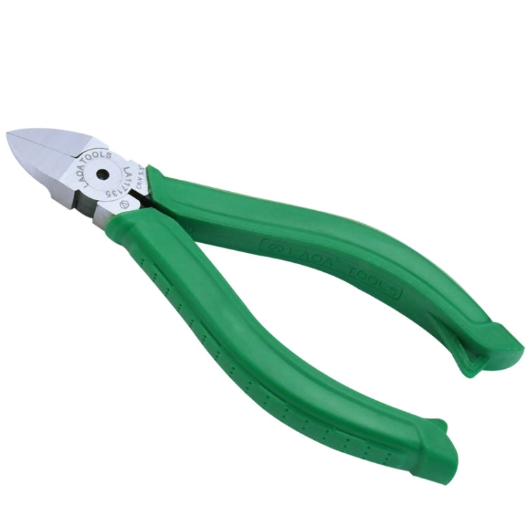Green-and-silver oblique wire cutter pliers with diagonal cutting jaws