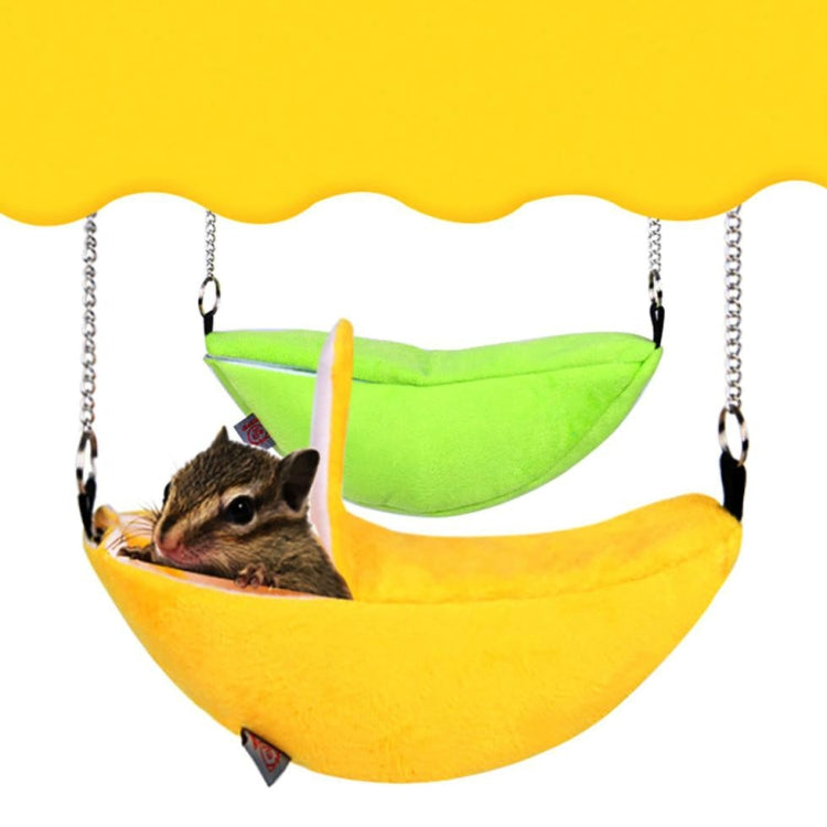 Two-tone hanging banana-style pet swing bed, green and yellow, with hanging chains