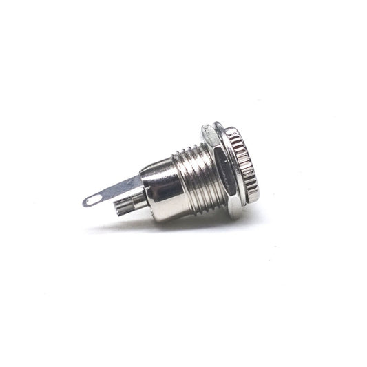 DC power jack socket, female panel-mount, side view showing two solder terminals