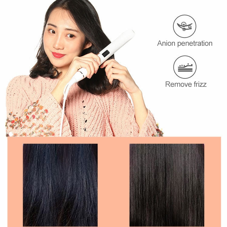 Hair straightener in use on black hair, white-and-brown plates with blue indicator