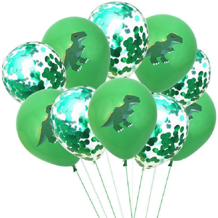 Assorted dinosaur balloons with green and silver confetti patterns and printed dino silhouettes
