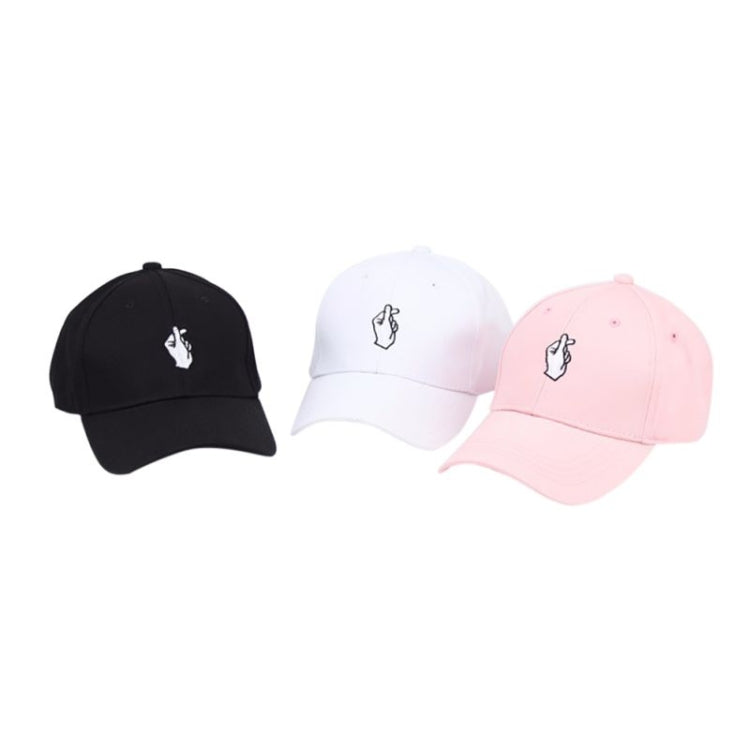 Set of three baseball caps: black, white, and pink with hand-embroidered logo
