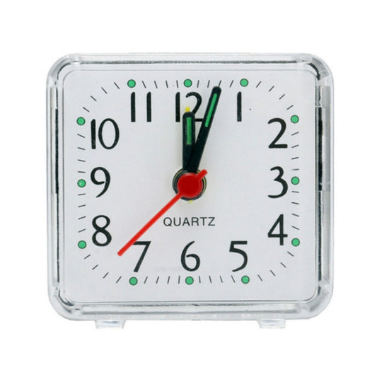 Square quartz alarm clock with transparent case, white dial and red/green hands