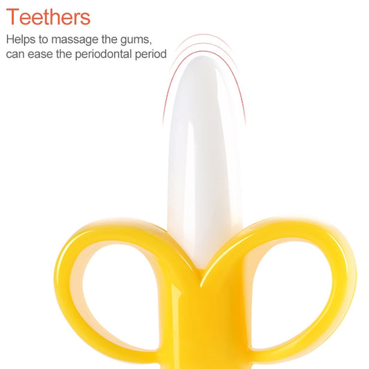 3 PCS Baby Silicone Training Toothbrush Banana Shape Safe Toddle Teether Chew Toys Teething Ring Gift for Infant Baby Chewing, Pink-B, Yellow-B