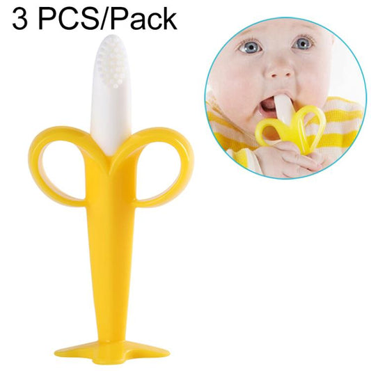 3 PCS Baby Silicone Training Toothbrush Banana Shape Safe Toddle Teether Chew Toys Teething Ring Gift for Infant Baby Chewing, Pink-B, Yellow-B