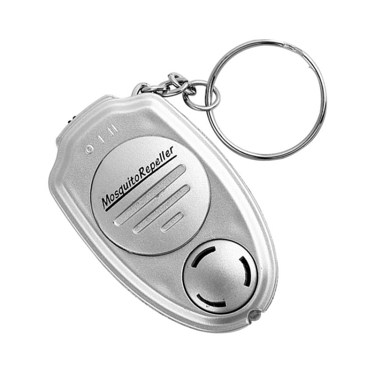 Electronic ultrasonic mosquito repellent keychain, silver oval fob with buttons and key ring