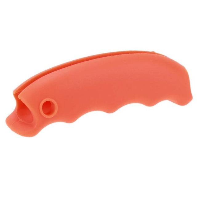 Orange silicone food picker hand lifter with circular thumb hole and curved grip.