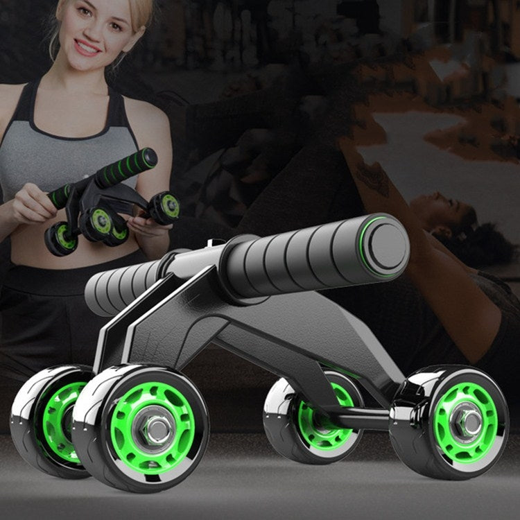 Green-accented four-wheel abdominal wheel with curved frame and roller bars