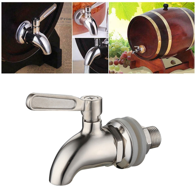 Stainless steel beverage tap spigot with lever handle and ribbed barrel-mount ring.